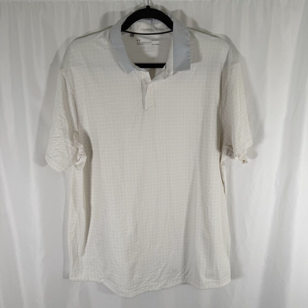 Under Armour Polo Shirt Men's Large White Short Sleeve Loose Geometric Top Golf